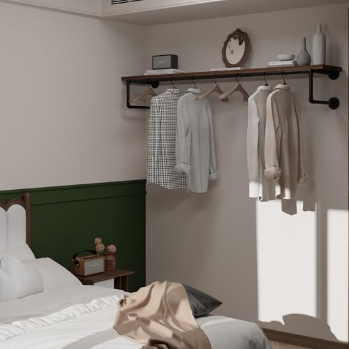 Clothes Rack 60in, Wall Mounted Garment Racks with Real Walnut Wood Shelf, He...