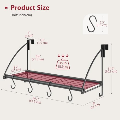 Tajsoon 24.2" Over the Door Hooks with Storage Rack, Over Door Hanger Black