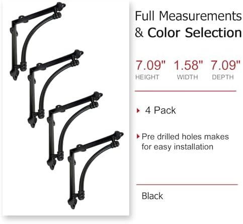 NACH Decorative Shelf Brackets, 4 Pack of 7.25 x 1.6 x 7.25 inch Black Cast I...