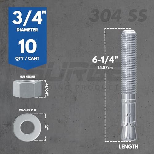 3/4" X 6-1/4" 304 Stainless Steel Wedge Anchors for Concrete (Box o...