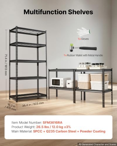 VEVOR Storage Shelves, 5-Tier 2000 lbs Garage Shelving 36 x 16 x 71.4 in
