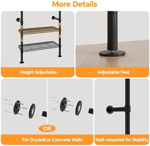 Higeego W3 Wall Mounted Clothes Rack, Industrial Pipe Clothing Rack, Black