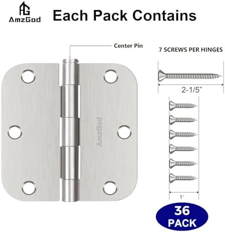 Door Hinges Brushed Nickel - 36 Pack Satin Nickel 3.5 Inch Rounded Interior D...