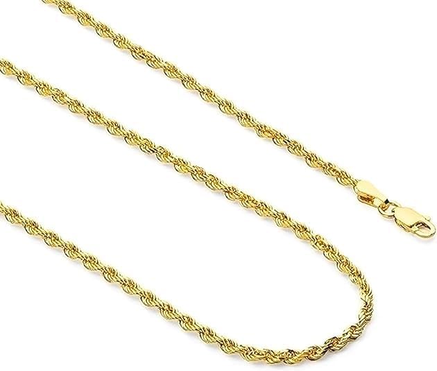14k Real Yellow Gold Solid Rope Chain Necklace with Lobster Claw Clasp, Ideal...