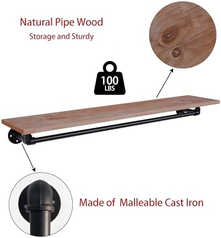 Clothes Rack 48in, Wall Mounted Garment Rack with Real Wood Shelf, Heavy Duty...