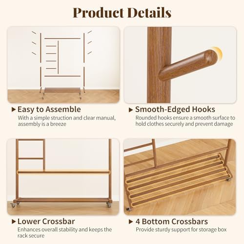Yoobure Solid Wood Clothing Rack, 4-in-1 Wooden Clothes Rack with Wheels
