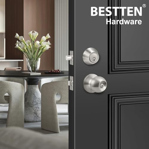 BESTTEN 2 Pack All Keyed Same Exterior Door Knob with Key Lock and Deadbolt, ...