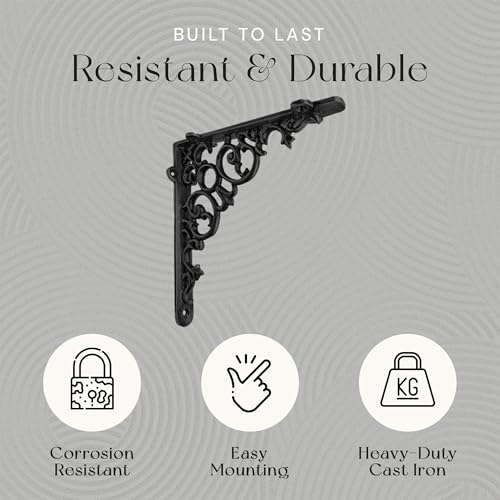 NACH Decorative Shelf Brackets, 4 Pack of 6 x 1.3 x 6 inch, Black Cast Iron S...