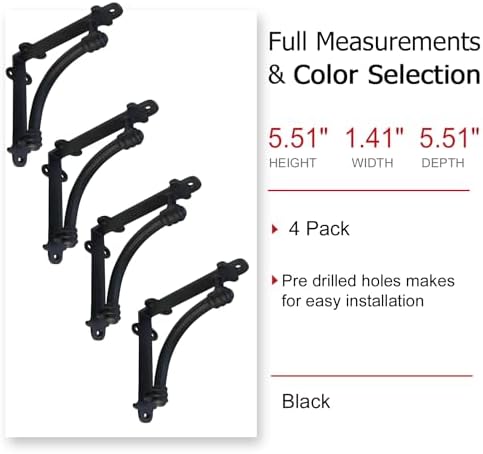 NACH Decorative Shelf Brackets, 4 Pack of 5.5 x 1.2 x 5.5 inch Black Cast Iro...