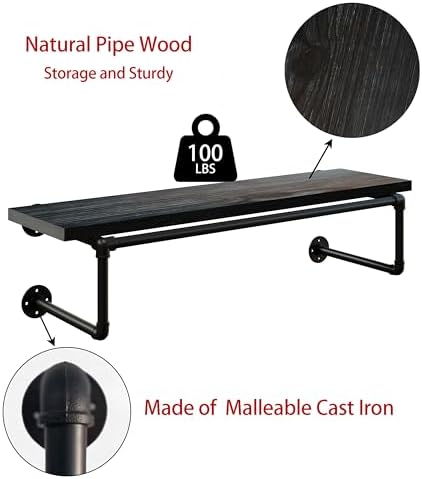 Clothes Rack 36in, Wall Mounted Garment Racks with Real Black Wood Shelf, Hea...