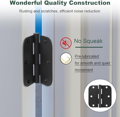 Estmoon 50 Pack 3.5 x 3.5 Inch Rounded Door Hinges Matte Black, 5/8" Rad...