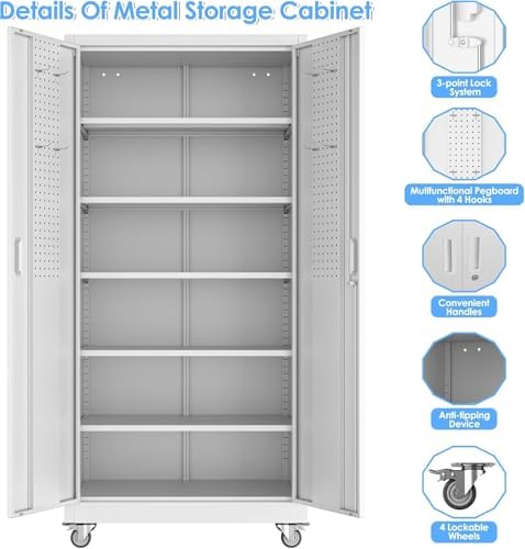 71"H rolling steel cabinet with 5 adjustable shelves, pegboard,White