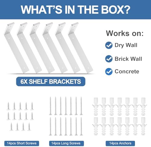 Heavy Duty Shelf Brackets, 6 Pack 12 Inch White L Metal Shelving Brackets, 5m...