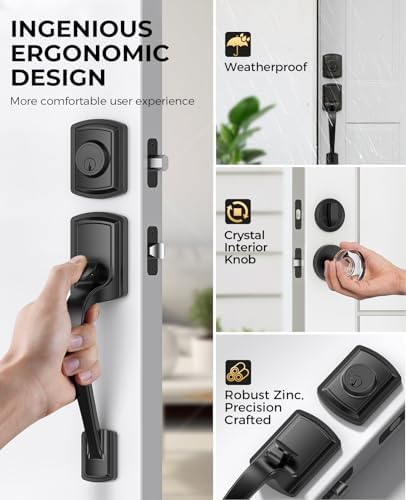 Black Front Door Handle and Deadbolt Set with Crystal Door knob