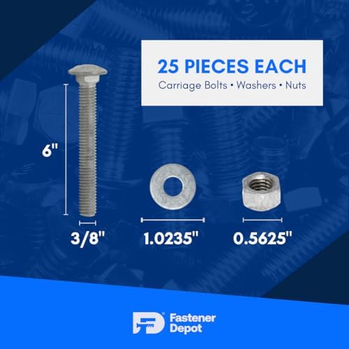 3/8"-16 x 6 (25 Sets) Hot Dipped Galvanized Carriage Bolt Kit for Exteri...