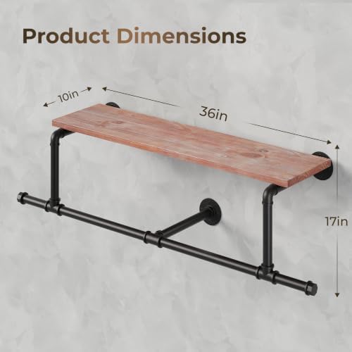 36In Industrial Pipe Clothing Rack with Top Shelf, Space-Saving Wall Mounted ...