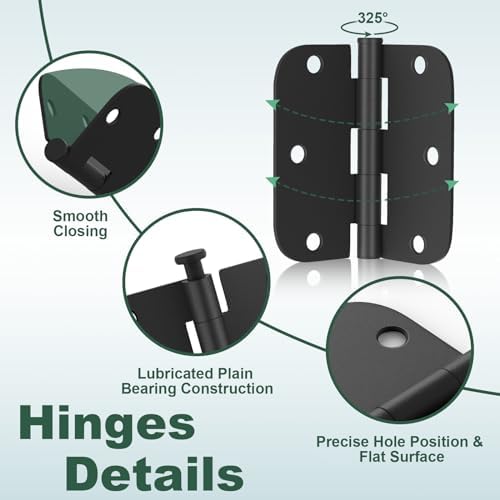 Estmoon 50 Pack 3.5 x 3.5 Inch Rounded Door Hinges Matte Black, 5/8" Rad...