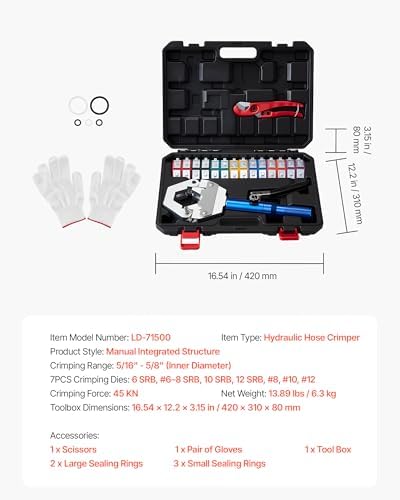 VEVOR Hydraulic Hose Crimper, Hydra-Krimp AC Hose Crimper Kit with 7 Dies Sna...