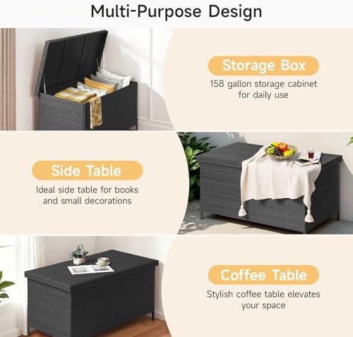 ONBRILL 158 Gallon XL Wicker Deck Box, Outdoor Patio Storage Box, Black