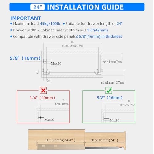 24 Inch Soft Close Undermount Drawer Slides,Full Extension,100 Lbs,1 Pair