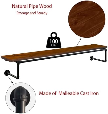 Clothes Rack 60in, Wall Mounted Garment Racks with Real Walnut Wood Shelf, He...