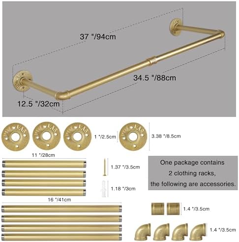 AddGrace Industrial Pipe Clothing Garment Rack Gold 34.5 Inch 2 Pack