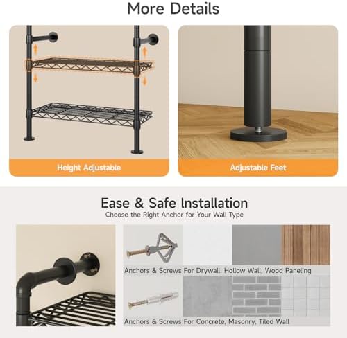 ONBRILL L7 Wall Mounted Industrial Pipe Clothing Rack, Corner Closet System