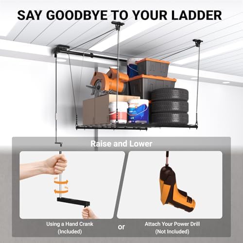 Adjustable Overhead Garage Storage Rack, 4x4ft Garage Ceiling Storage Lift, H...