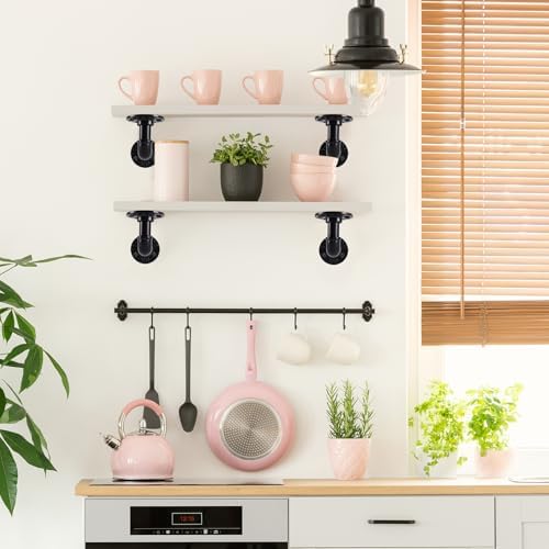 L-Shaped Industrial Pipe Shelf Brackets, Black Metal Wall-Mounted Floating Sh...