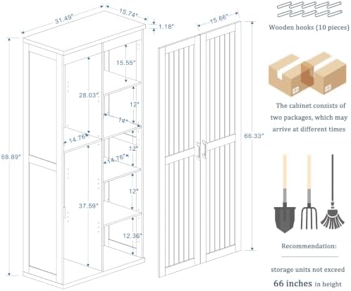 68.9" Wooden Broom Closet Storage Cabinet with Perforated Wood Panel and...