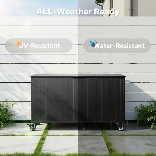 150 Gallon Outdoor Storage Box with Wheels, Metal Deck Boxes,Black