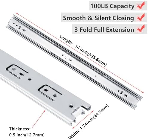 Homdiy 14 Inch Heavy Duty Drawer Slides Side Mount 100 LB Capacity, 4 Pairs
