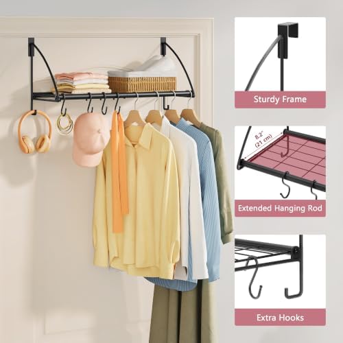 Tajsoon 24.2" Over the Door Hooks with Storage Rack, Over Door Hanger Black