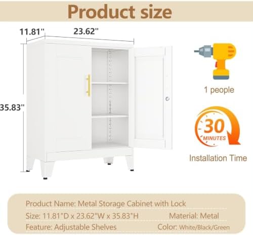Small Locking Cabinet, Metal Storage Cabinet with Doors and 2 Shelves