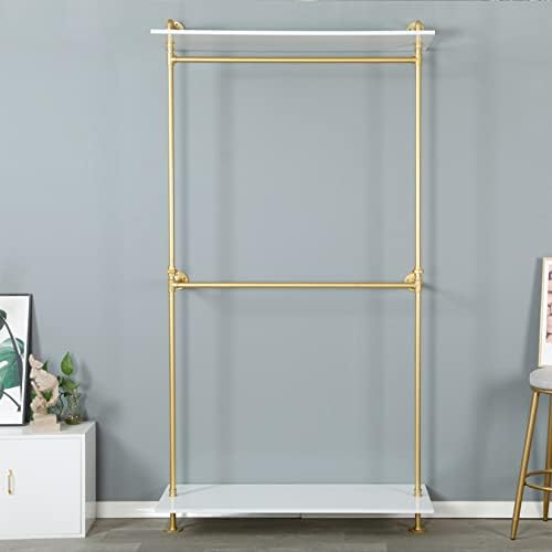 Modern Simple 2 Tier Metal and Wood Garment Rack,Industrial Pipe Double Hangi...