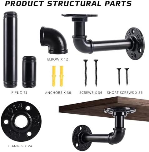 L-Shaped Industrial Pipe Shelf Brackets, Black Metal Wall-Mounted Floating Sh...