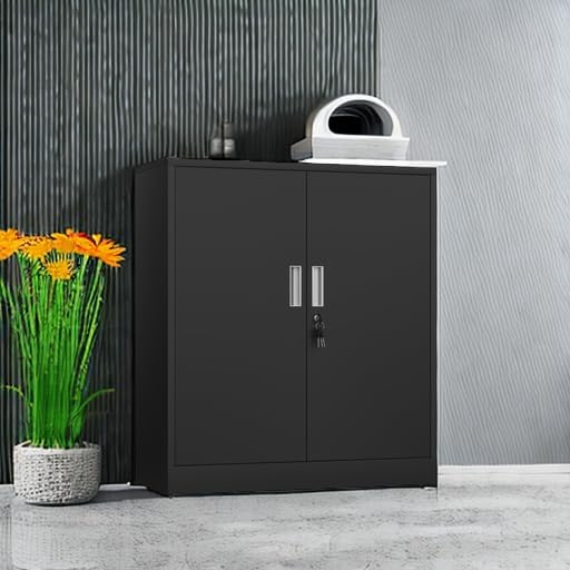 Metal Storage Cabinet with Locking Doors, Adjustable Shelves, Black