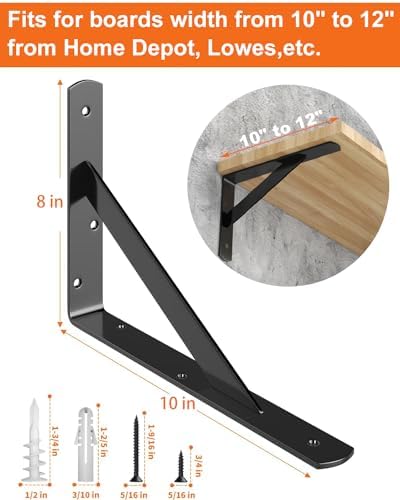 LuckIn 12-Pack Heavy Duty Shelf Bracket, 10 Inch Wall Shelf Brackets Fit for ...