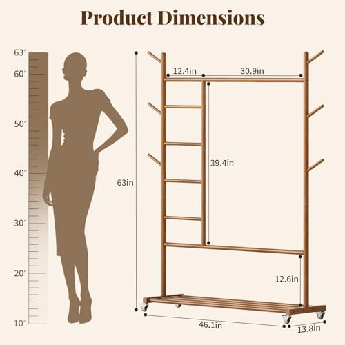 Yoobure Solid Wood Clothing Rack, 4-in-1 Wooden Clothes Rack with Wheels