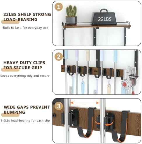 Broom and Mop Organizer Wall Hanging with Cleaning Supplies Organizer,Brown