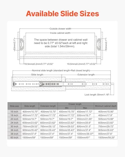 VEVOR 30 Inch Heavy Duty Drawer Slides 250 lbs, 1 Pair Locking Ball Bearing S...