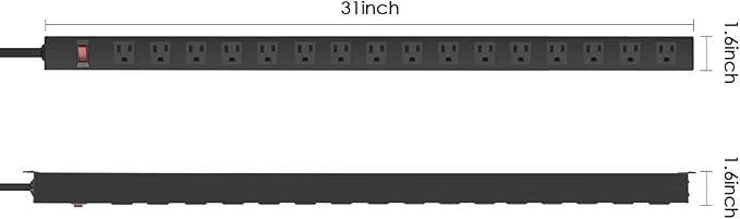 HHSOET 16-Outlet Metal Wall Mount Power Strip, 15 ft 14AWG Power Cord, 15A 125V