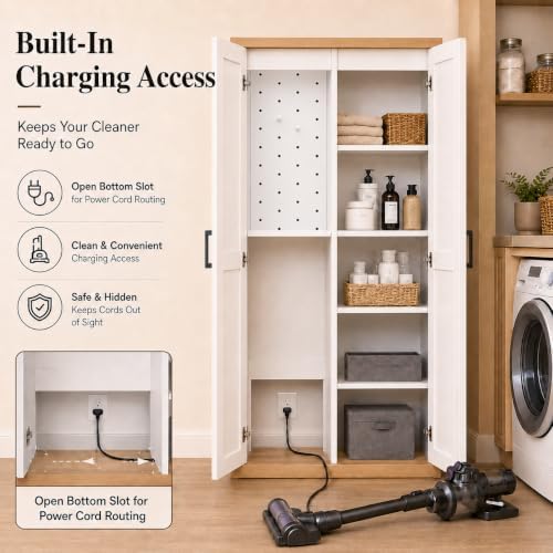 68.9" Wooden Broom Closet Storage Cabinet with Perforated Wood Panel and...