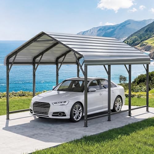 HOMSHADE 10x15FT Heavy Duty Metal Carport with 132° Steep Anti-Pooling Roof