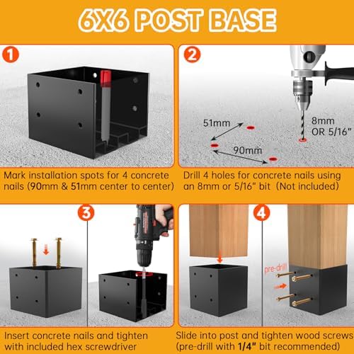 6x6 Post Base for Concrete Heavy Duty（4PCS Extra-Thick 3mm Steel