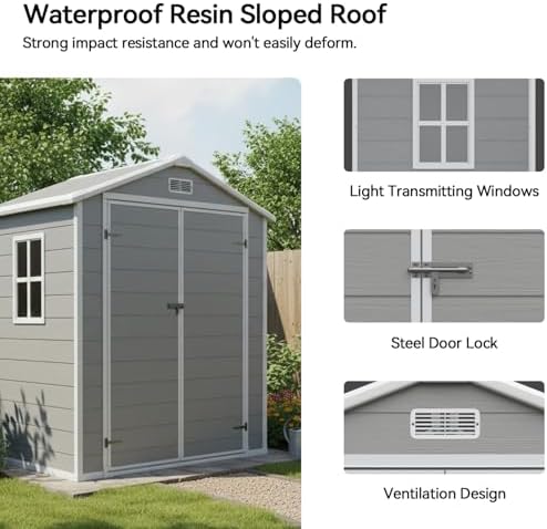 Aoxun 6x4 FT Outdoor Storage Shed, Outdoor Resin Shed with Floor, Gray