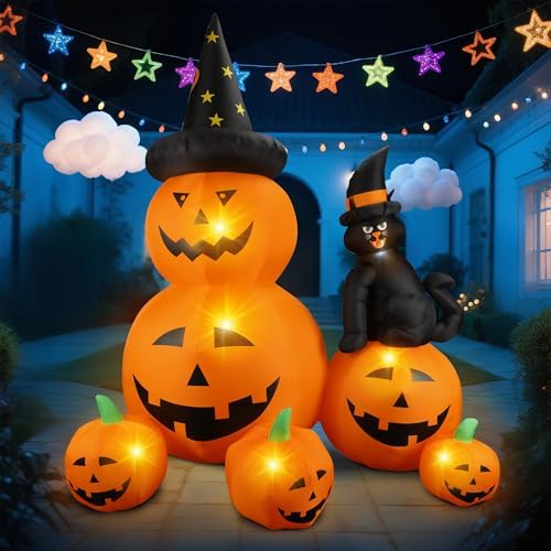 6Ft Halloween Inflatable Decorations Pumpkins Patch Lanterns with Black Cat w...