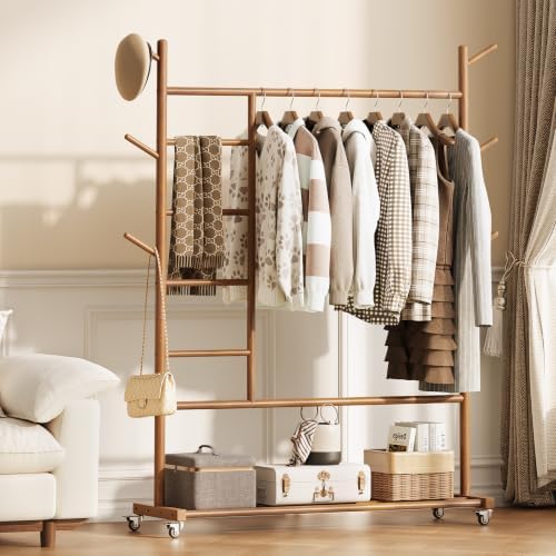 Yoobure Solid Wood Clothing Rack, 4-in-1 Wooden Clothes Rack with Wheels