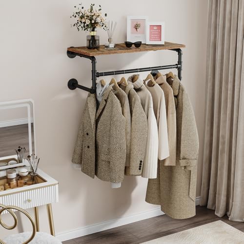Clothes Rack Wall Mounted, 29.1in Shelf with Hanging Rod, Industrial Pipe Clo...