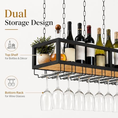 Ceiling Wine Glass Rack with Glass Holder, 31.4in Metal Hanging Bar Shelf